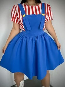 Whyspr Halloween Cosplay Plus Size Halloween Costume Party Cosplay Striped Colorblock Shirt And Button Dress 2 Pieces Set - Blue - View 5