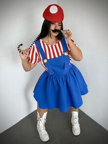 Whyspr Halloween Cosplay Plus Size Halloween Costume Party Cosplay Striped Colorblock Shirt And Button Dress 2 Pieces Set - Blue - View 7