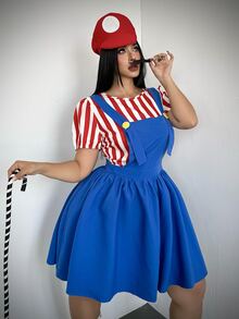 Whyspr Halloween Cosplay Plus Size Halloween Costume Party Cosplay Striped Colorblock Shirt And Button Dress 2 Pieces Set - Blue - View 3