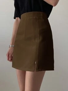 DAZY 女款純色高腰側開衩下擺休閒裙 - 棕色 - 查看 3