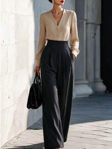 SHEIN Pantalon long droit taille haute décontracté et élégant pour femmes, mode automne/hiver, adapté pour les trajets, le travail de bureau, la fête des enseignants, noir - Multicolore - Voir 5