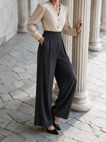 SHEIN Pantalon long droit taille haute décontracté et élégant pour femmes, mode automne/hiver, adapté pour les trajets, le travail de bureau, la fête des enseignants, noir - Multicolore - Voir 8