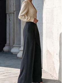 SHEIN Pantalon long droit taille haute décontracté et élégant pour femmes, mode automne/hiver, adapté pour les trajets, le travail de bureau, la fête des enseignants, noir - Multicolore - Voir 9