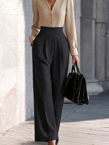 SHEIN Pantalon long droit taille haute décontracté et élégant pour femmes, mode automne/hiver, adapté pour les trajets, le travail de bureau, la fête des enseignants, noir - Multicolore - Voir 6