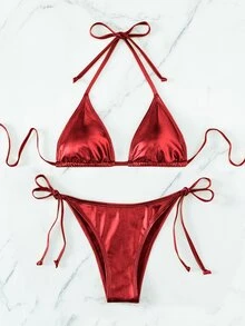 Swim Vcay 女士纯色露背比基尼上衣和系带侧边比基尼泳装套装，夏季海滩度假 - 紅色 - 查看 4