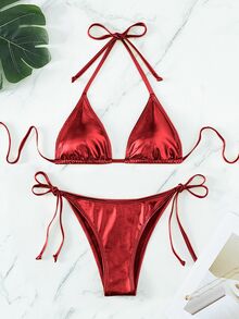 Swim Vcay 女士纯色露背比基尼上衣和系带侧边比基尼泳装套装，夏季海滩度假 - 紅色 - 查看 5