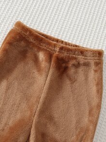 Cozy Pixies 男嬰棕色針織法蘭絨 3D 小狗動物圖案落肩袖上衣與長褲套裝，適合秋冬，舒適可愛俏皮 - 棕色 - 查看 7