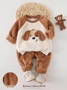 Cozy Pixies 男嬰棕色針織法蘭絨 3D 小狗動物圖案落肩袖上衣與長褲套裝，適合秋冬，舒適可愛俏皮 - 棕色 - 查看 4