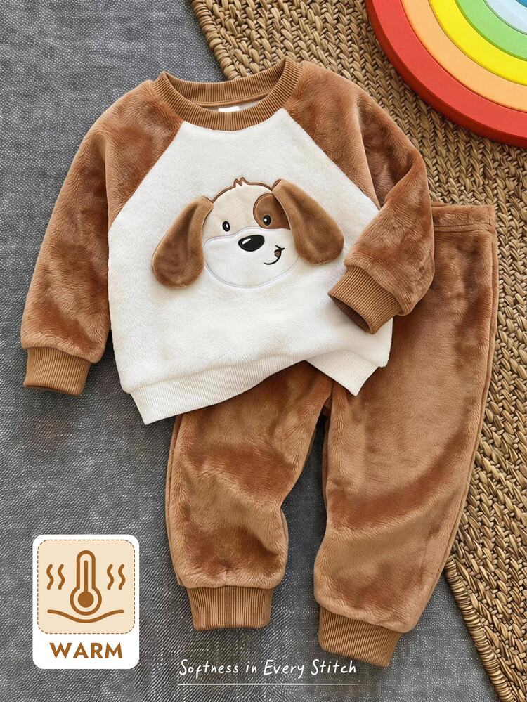 Cozy Pixies Baby Boys T-Shirt Co-Ords Brown Knit Flannel 3D Puppy Animal Design Raglan Sleeve Top & Pants, Suitable For Autumn/Winter, Comfortable, Cute, Playful - Brown - View 9