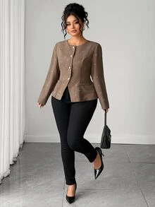 Elenzga Plus Size Women's Elegant Fashion Party Shiny Powdered Fabric Round Neck Front Metal Button Decor Long Sleeve Waist-Cinching Jacket Fall - Brown - View 5