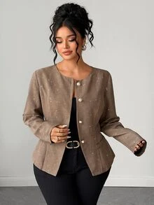 Elenzga Plus Size Women's Elegant Fashion Party Shiny Powdered Fabric Round Neck Front Metal Button Decor Long Sleeve Waist-Cinching Jacket Fall - Brown - View 8