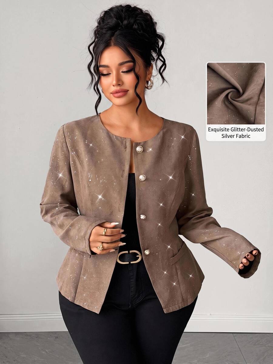 Elenzga Plus Size Women's Elegant Fashion Party Shiny Powdered Fabric Round Neck Front Metal Button Decor Long Sleeve Waist-Cinching Jacket Fall - Brown - View 1