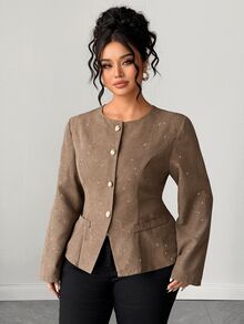 Elenzga Plus Size Women's Elegant Fashion Party Shiny Powdered Fabric Round Neck Front Metal Button Decor Long Sleeve Waist-Cinching Jacket Fall - Brown - View 4