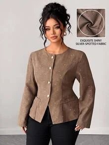 Elenzga Plus Size Women's Elegant Fashion Party Shiny Powdered Fabric Round Neck Front Metal Button Decor Long Sleeve Waist-Cinching Jacket Fall - Brown - View 3