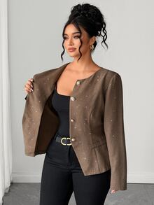 Elenzga Plus Size Women's Elegant Fashion Party Shiny Powdered Fabric Round Neck Front Metal Button Decor Long Sleeve Waist-Cinching Jacket Fall - Brown - View 10