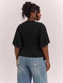 SHEIN CURVE+ 女士加大码V领荷叶袖黑色T恤 - 黑色 - 查看 4