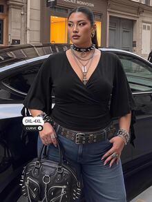 SHEIN CURVE+ 女士加大码V领荷叶袖黑色T恤 - 黑色 - 查看 1