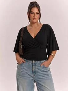 SHEIN CURVE+ 女士加大码V领荷叶袖黑色T恤 - 黑色 - 查看 3