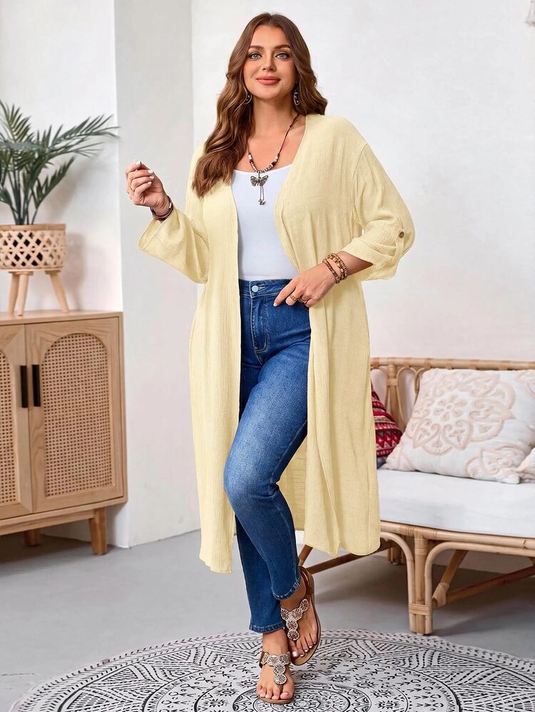Rosumi Plus Size Solid Color Casual Smart Vacation Jacket Autumn - Light Yellow - View 4