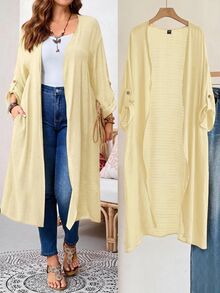 Rosumi Plus Size Solid Color Casual Smart Vacation Jacket Autumn - Light Yellow - View 9