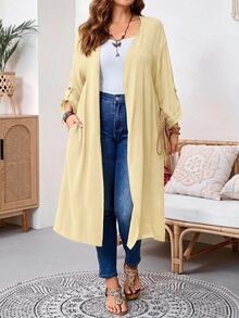 Rosumi Plus Size Solid Color Casual Smart Vacation Jacket Autumn - Light Yellow - View 2