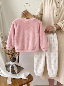 SHEIN 女童小女孩蝴蝶結貼花刺繡簡約可愛法蘭絨長袖褲裝套裝，秋冬/四季穿著 - 粉色 - 查看 9