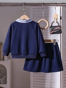 SHEIN Girls' 2 Pieces Set: White Embroidered Lapel Long Sleeve Raglan Sweatshirt And Skirt, Autumn Outfit For Young Girl Back To School Nursery Birthday - Navy Blue - View 2