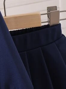 SHEIN Girls' 2 Pieces Set: White Embroidered Lapel Long Sleeve Raglan Sweatshirt And Skirt, Autumn Outfit For Young Girl Back To School Nursery Birthday - Navy Blue - View 8
