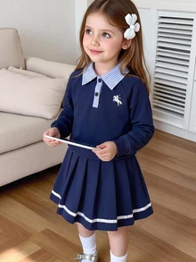 SHEIN Girls' 2 Pieces Set: White Embroidered Lapel Long Sleeve Raglan Sweatshirt And Skirt, Autumn Outfit For Young Girl Back To School Nursery Birthday - Navy Blue - View 5