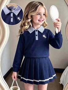SHEIN Girls' 2 Pieces Set: White Embroidered Lapel Long Sleeve Raglan Sweatshirt And Skirt, Autumn Outfit For Young Girl Back To School Nursery Birthday - Navy Blue - View 3