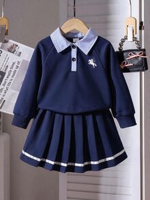 SHEIN Girls' 2 Pieces Set: White Embroidered Lapel Long Sleeve Raglan Sweatshirt And Skirt, Autumn Outfit For Young Girl Back To School Nursery Birthday - Navy Blue - View 4