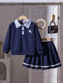 SHEIN Girls' 2 Pieces Set: White Embroidered Lapel Long Sleeve Raglan Sweatshirt And Skirt, Autumn Outfit For Young Girl Back To School Nursery Birthday - Navy Blue - View 10