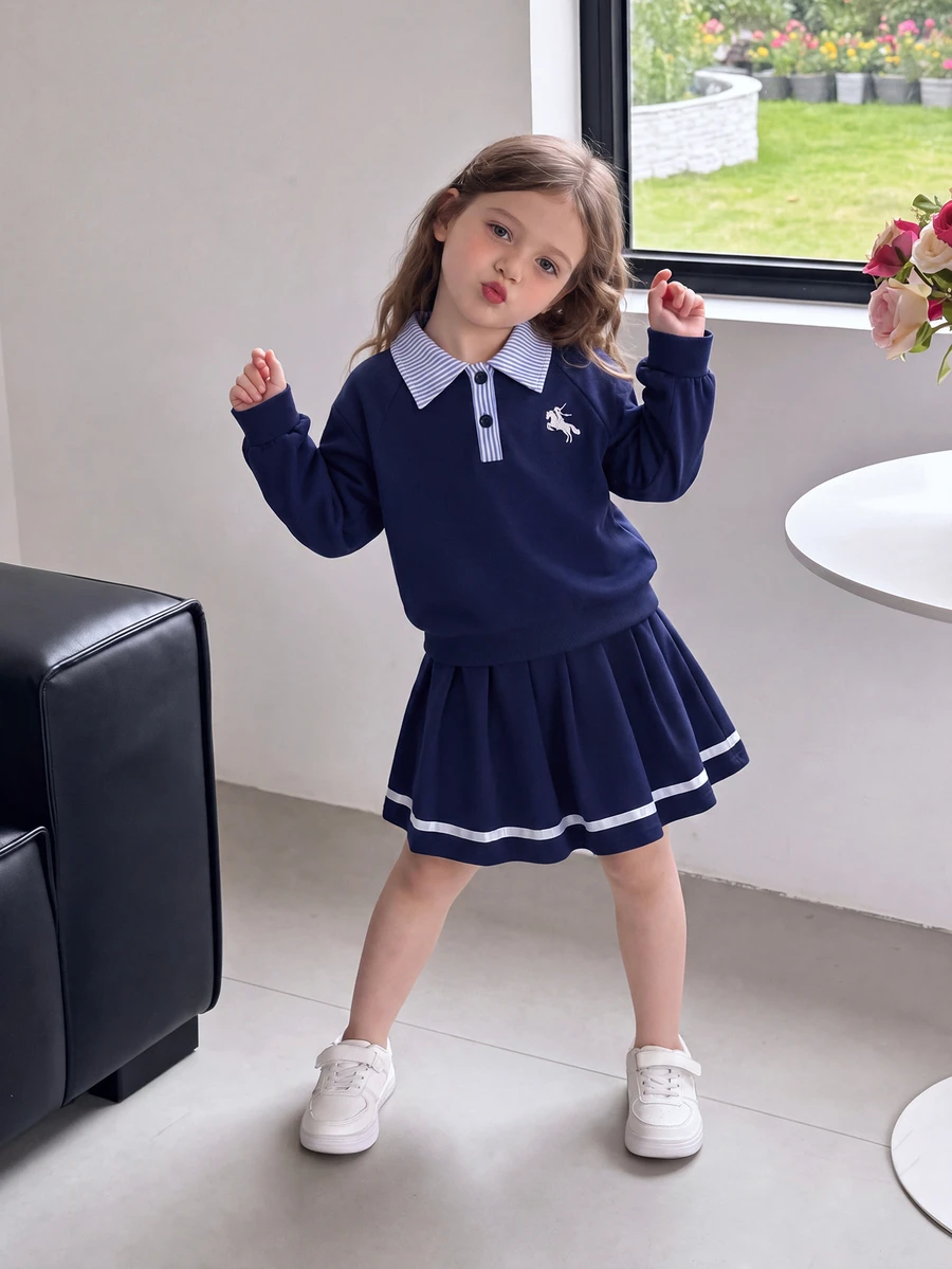 SHEIN Girls' 2 Pieces Set: White Embroidered Lapel Long Sleeve Raglan Sweatshirt And Skirt, Autumn Outfit For Young Girl Back To School Nursery Birthday - Navy Blue - View 1