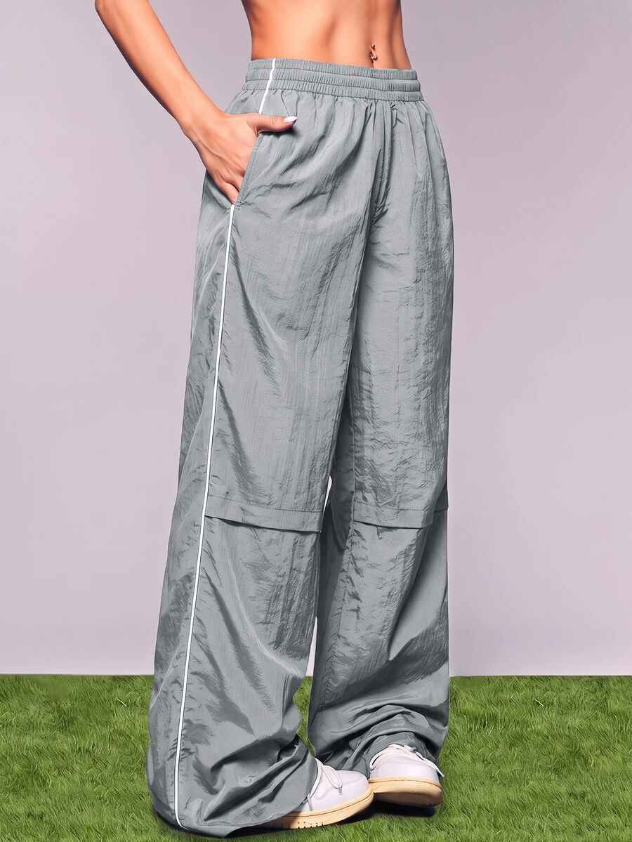 SHEIN Cheerettes 女款彈性腰口袋寬腿寬鬆運動長褲 - 灰色 - 查看 1