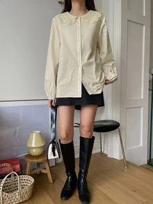 DAZY 女款彼得潘領單排扣休閒長袖襯衫 - 綠色 - 查看 6