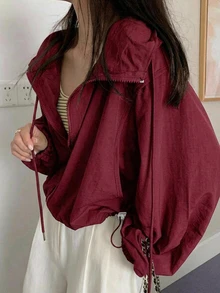 DAZY Casual Hooded Lightweight Short Long Sleeve Women's Shirt Fall - Red - View 1