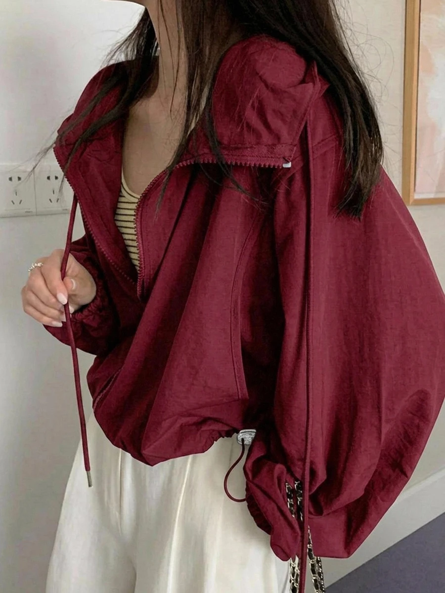 DAZY Casual Hooded Lightweight Short Long Sleeve Women's Shirt Fall - Red - View 1