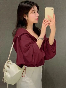 DAZY Casual Hooded Lightweight Short Long Sleeve Women's Shirt Fall - Red - View 5
