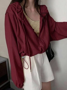 DAZY Casual Hooded Lightweight Short Long Sleeve Women's Shirt Fall - Red - View 4