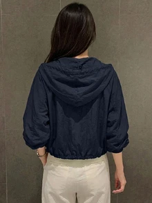 DAZY 休閒連帽輕便短款長袖女款襯衫 秋季 - 藏蓝色 - 查看 6