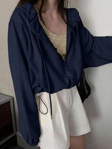 DAZY 休閒連帽輕便短款長袖女款襯衫 秋季 - 藏蓝色 - 查看 3