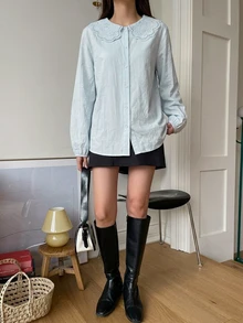 DAZY 女款彼得潘領單排扣可愛長袖襯衫 - 藍色 - 查看 4