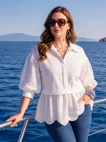 Miaspire Women's Plus Size Versatile Vacation Embroidered Hollow Out Blouse Fall Clothes For Women Fall Winter 2026 Embroidered Fabric Patchwork White Shirt - White - View 1