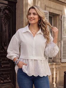 Miaspire Women's Plus Size Versatile Vacation Embroidered Hollow Out Blouse Fall Clothes For Women Fall Winter 2026 Embroidered Fabric Patchwork White Shirt - White - View 4