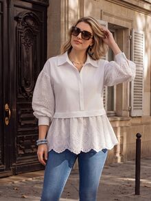 Miaspire Women's Plus Size Versatile Vacation Embroidered Hollow Out Blouse Fall Clothes For Women Fall Winter 2026 Embroidered Fabric Patchwork White Shirt - White - View 7
