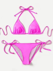 Swim Basics Summer Beach Mono Bikini Set Halter Triangle Bra & Tie Side Bottom 2 Pieces Bikini - Hot Pink - View 2