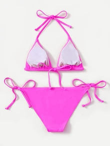 Swim Basics Summer Beach Mono Bikini Set Halter Triangle Bra & Tie Side Bottom 2 Pieces Bikini - Hot Pink - View 3