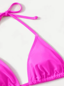 Swim Basics Summer Beach Mono Bikini Set Halter Triangle Bra & Tie Side Bottom 2 Pieces Bikini - Hot Pink - View 5