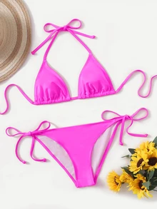 Swim Basics Summer Beach Mono Bikini Set Halter Triangle Bra & Tie Side Bottom 2 Pieces Bikini - Hot Pink - View 4