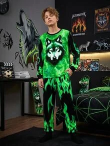 SHEIN 青少年男孩霓虹動物印花圓領長袖上衣與長褲休閒舒適修身居家睡衣套裝 2件組 - 彩色 - 查看 8